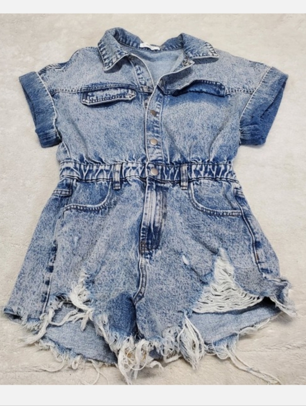 Idem Ditto Blue Acid Wash Distressed Denim Romper Small Grunge Preppy Festival